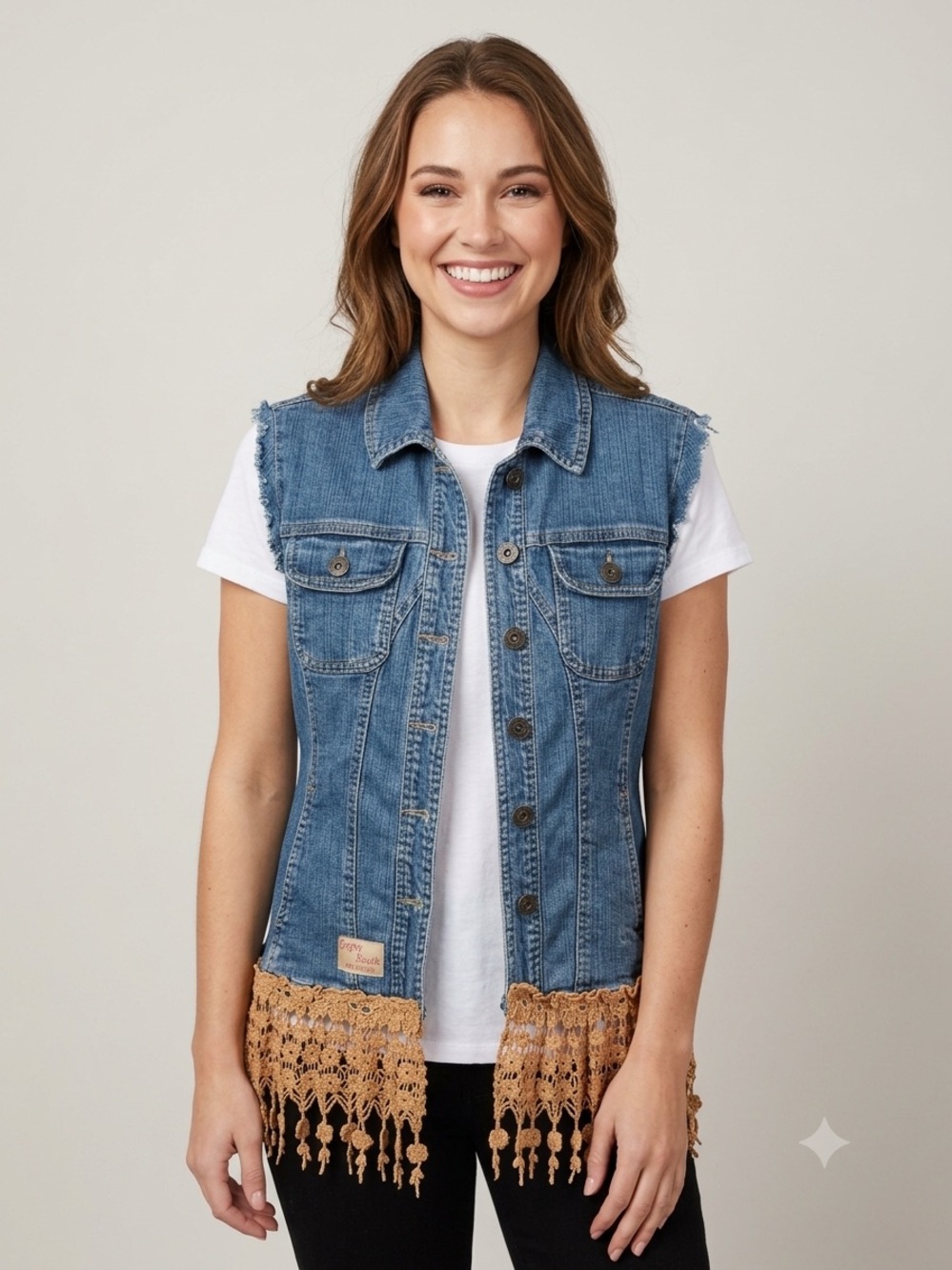 Upcycled Denim Vest with Tan Crochet Trim by Gypsy South. Size Small.